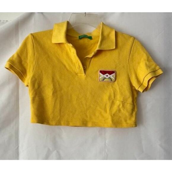 United Colors of Benetton Yellow Cropped Polo Shirt Embroidered Patch - Picture 1 of 12